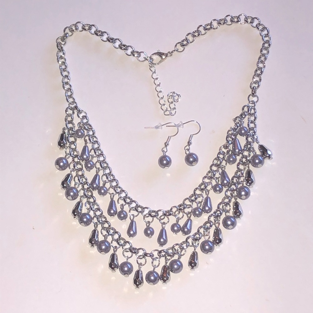Silver Tone Light Purple Bead Multi-Strand Necklace & Earrings Set